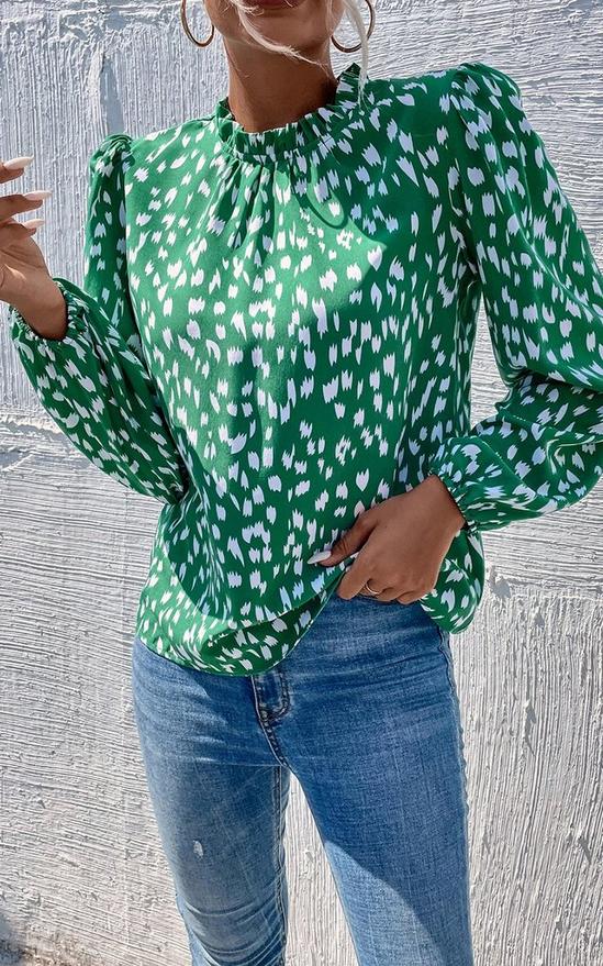 FS Collection Animal Print Frill Detail High Neck Top In Green 3