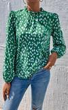 FS Collection Animal Print Frill Detail High Neck Top In Green thumbnail 4