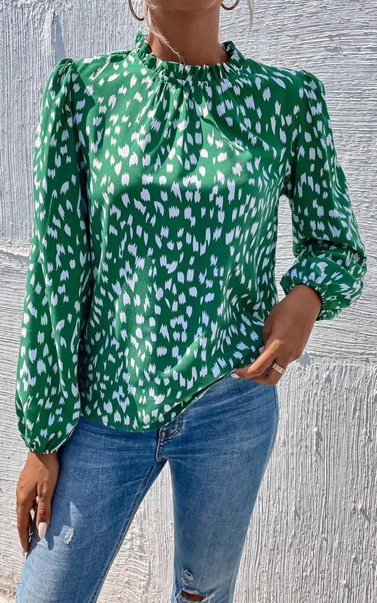 FS Collection Animal Print Frill Detail High Neck Top In Green 4