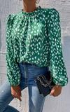 FS Collection Animal Print Frill Detail High Neck Top In Green thumbnail 5