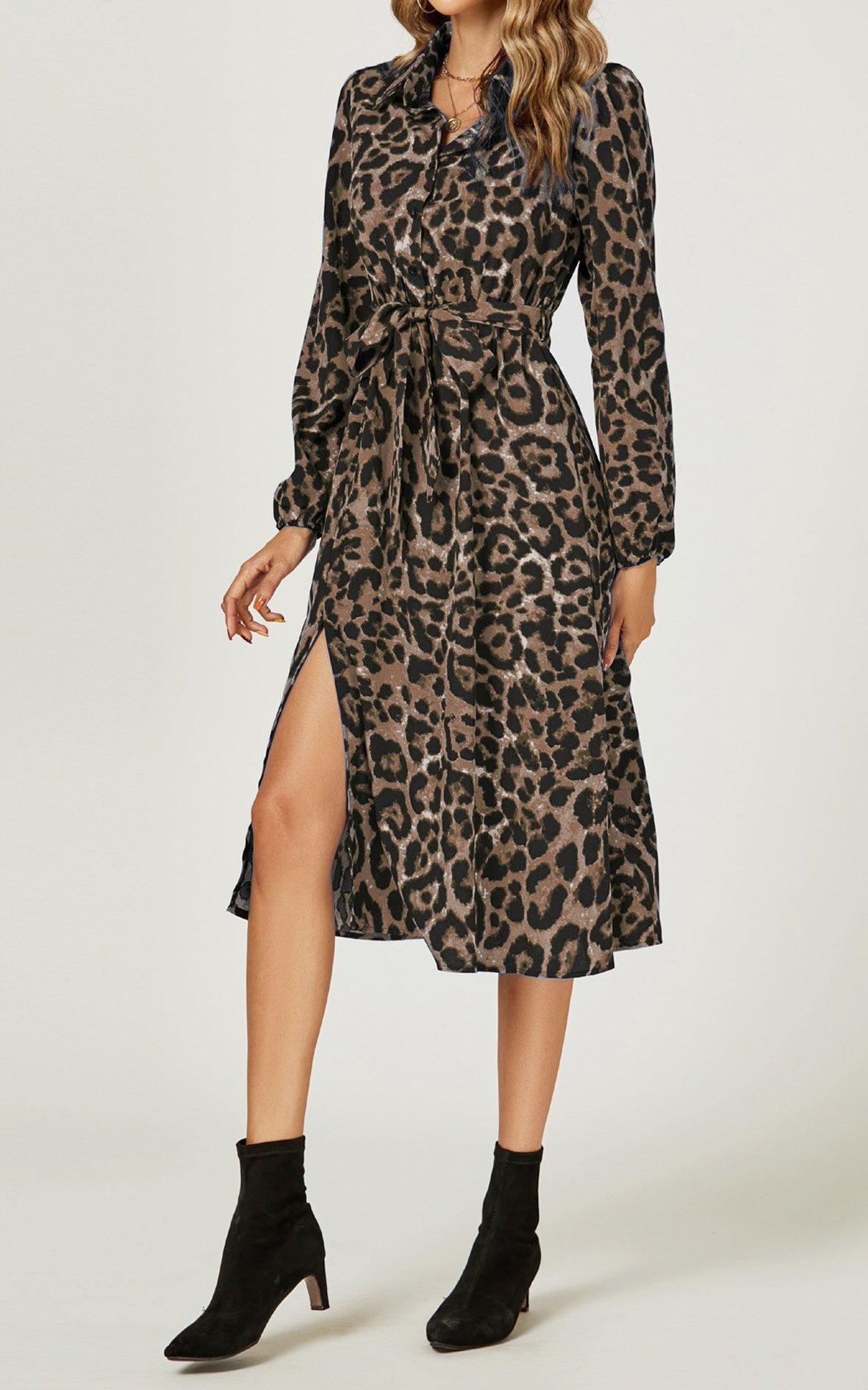 Leopard Print Split Leg Midi Shirt Dress