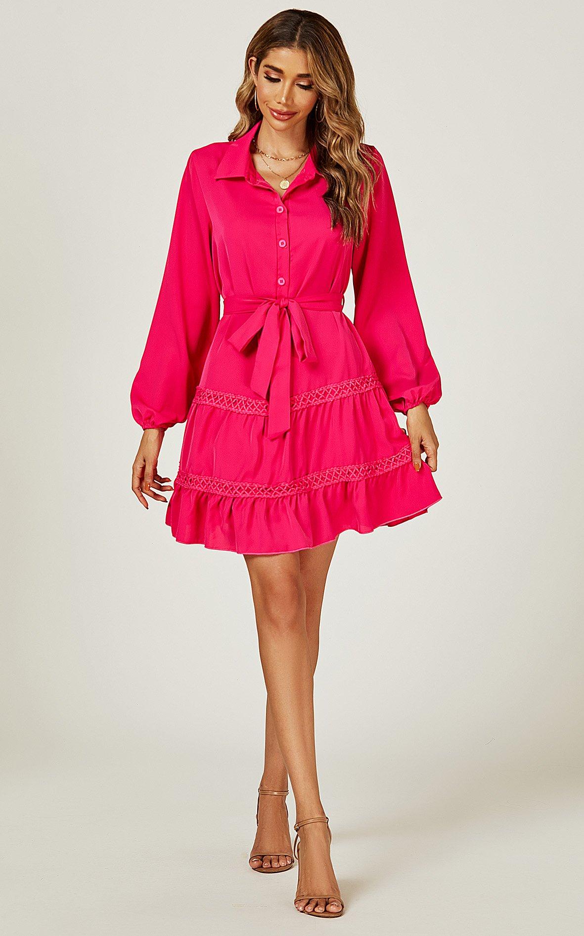 Lace Detail Mini Shirt Dress In Fuchsia Pink