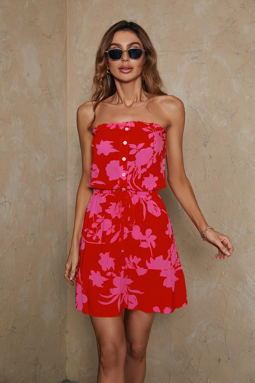 Floral Print Broderie Strapless Dress Bandeau Summer Mini Dress