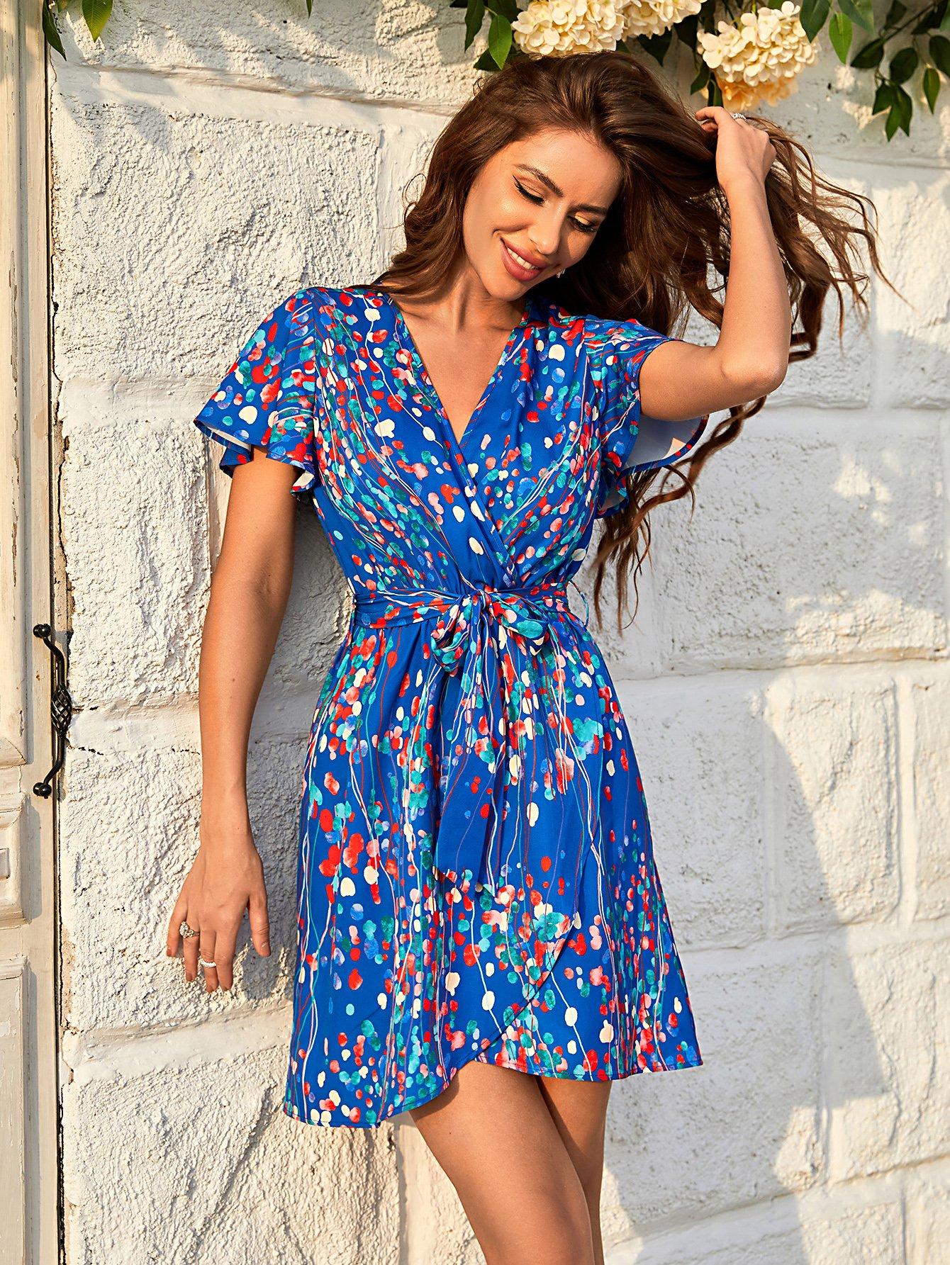 Abstract Floral Print Wrap Top Mini Dress In Blue