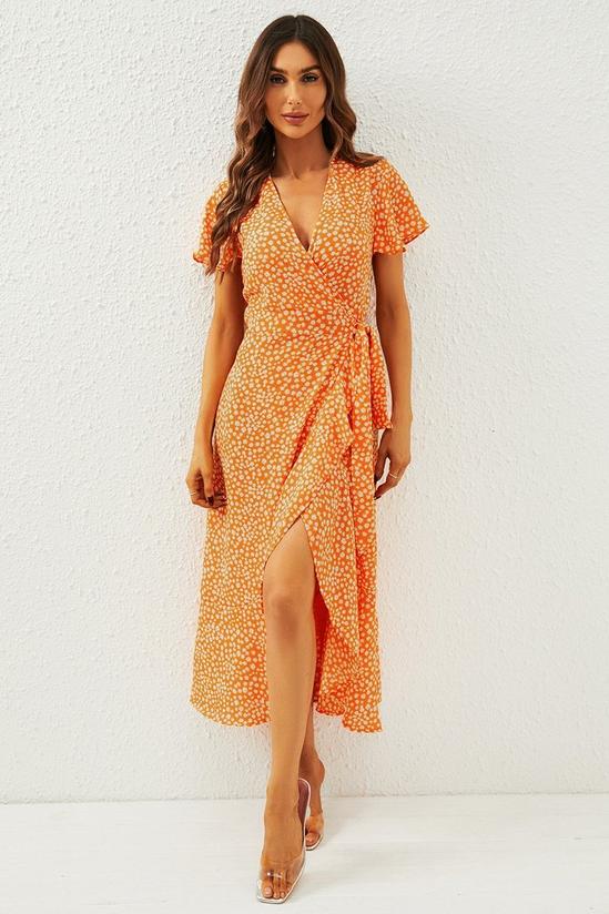 FS Collection Floral Print Wrap Midi Dress In Orange 2
