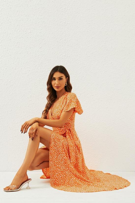FS Collection Floral Print Wrap Midi Dress In Orange 3