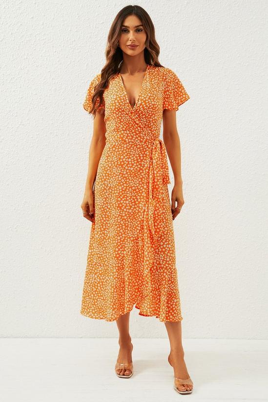 FS Collection Floral Print Wrap Midi Dress In Orange 4