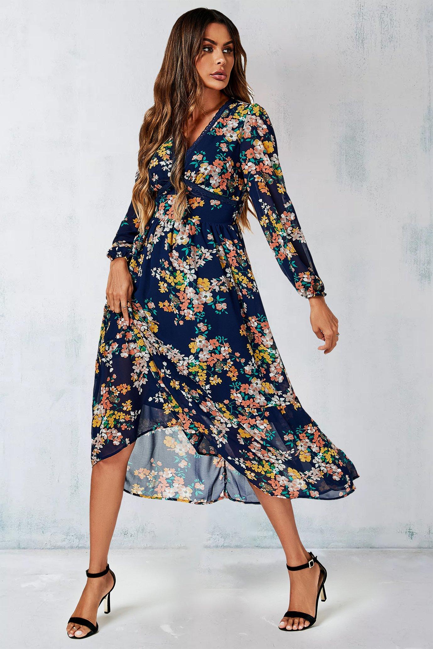 Floral Print Lace Trim Deep V Neck Long Sleeve Midi Dress In Navy