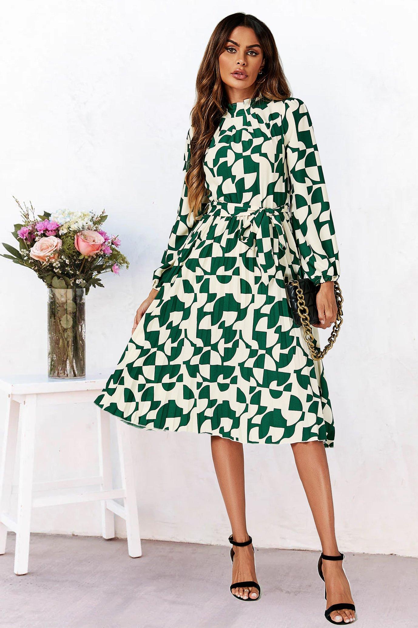 Long Sleeves Geo Print High Neck Pleated Dress In Green