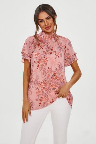 Plunging Neck Rolled-Up Sleeve Blouse