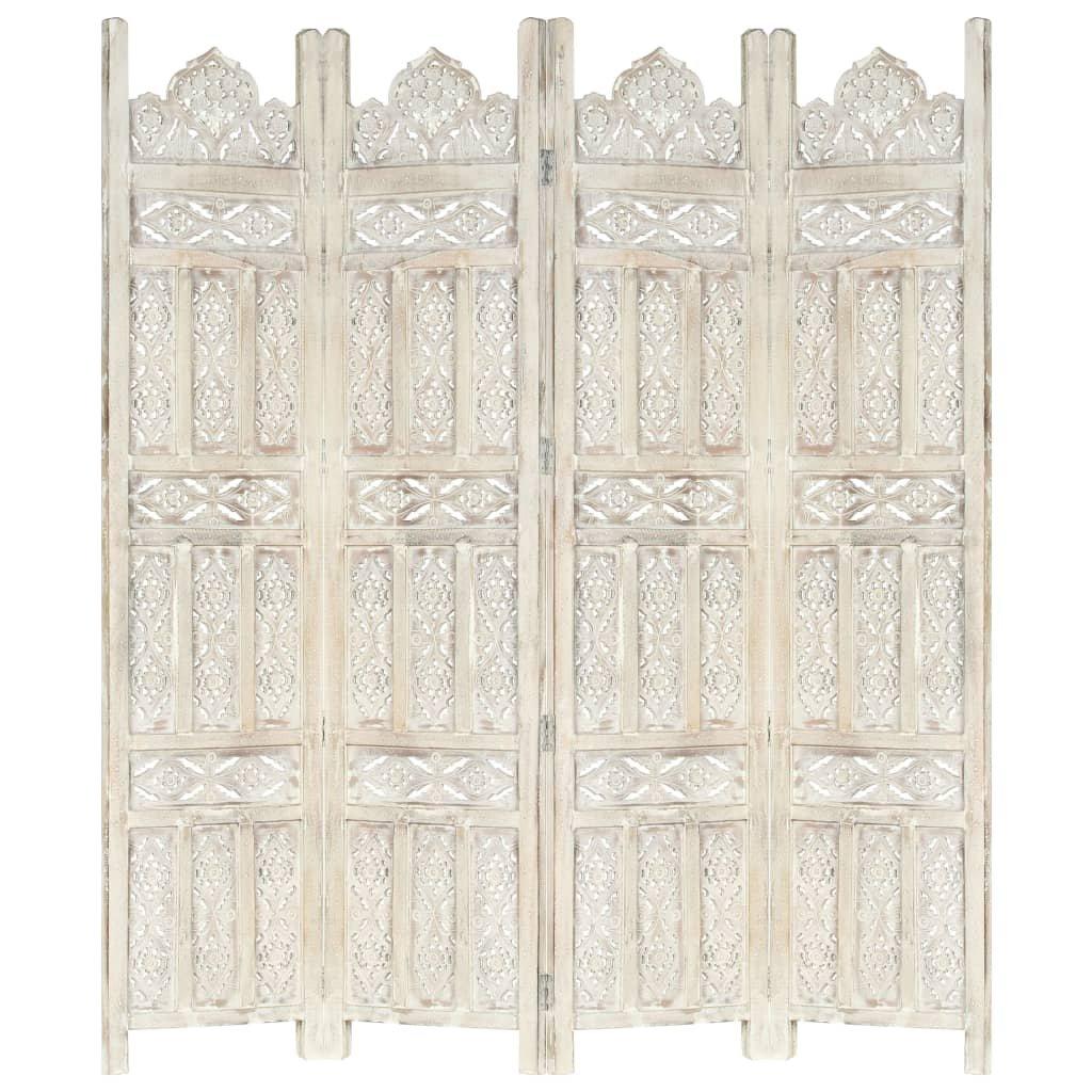 Hand carved 4-Panel Room Divider White 160x165 cm Solid Mango Wood