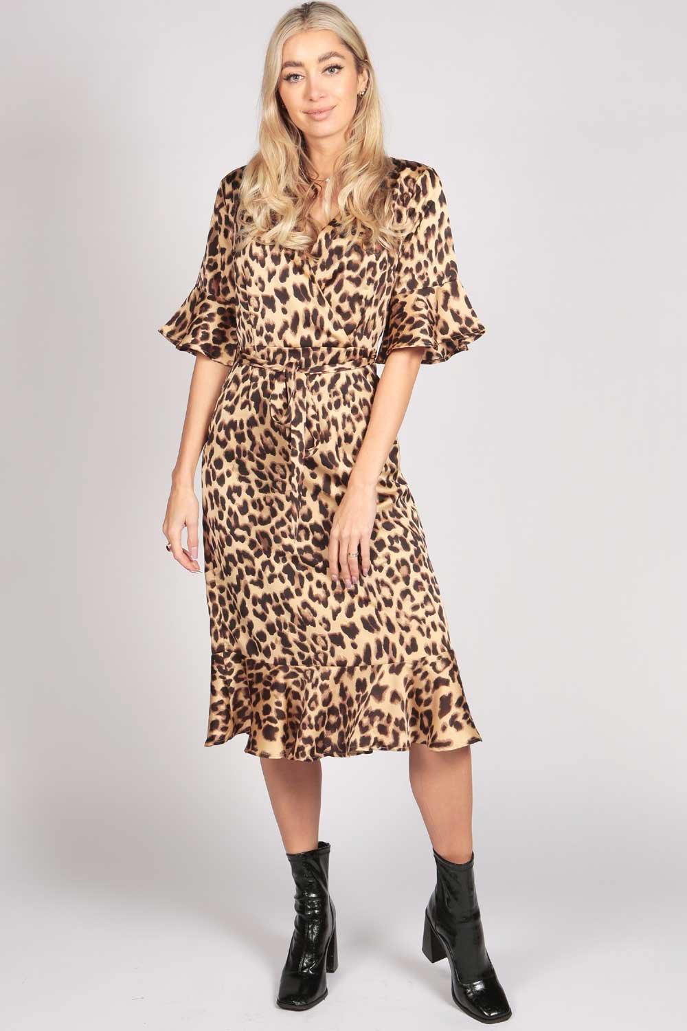 Half Sleeve Leopard Print Ruffle Midi Dress