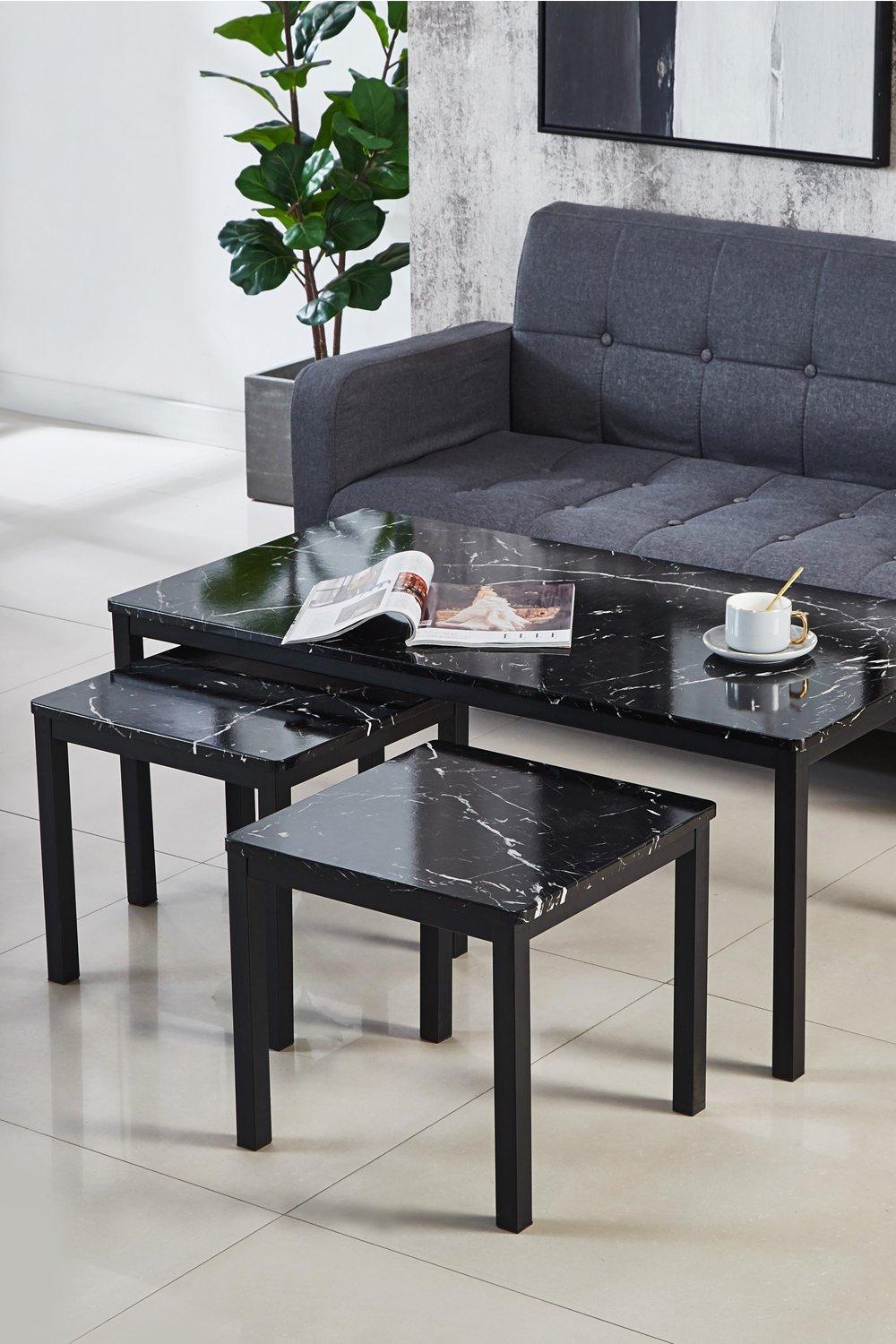 Gloss Finish MDF Marble Effect Top Coffee Table With x2 Side Tables Set