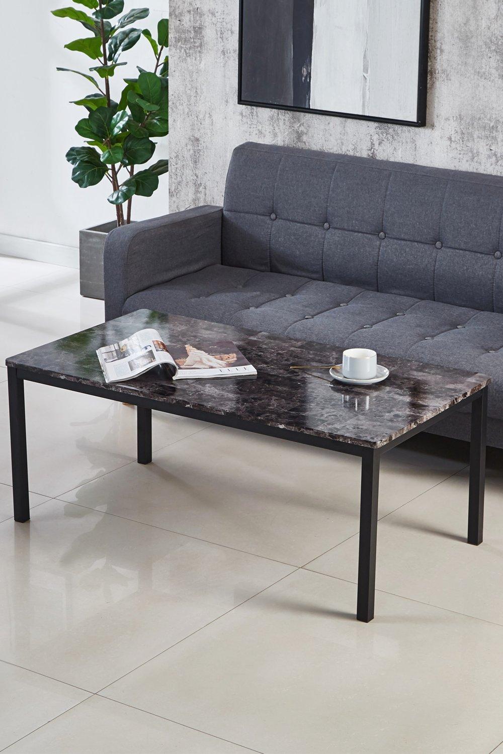 Gloss Finish MDF Marble Effect Top Coffee Table With Solid Metal Frame