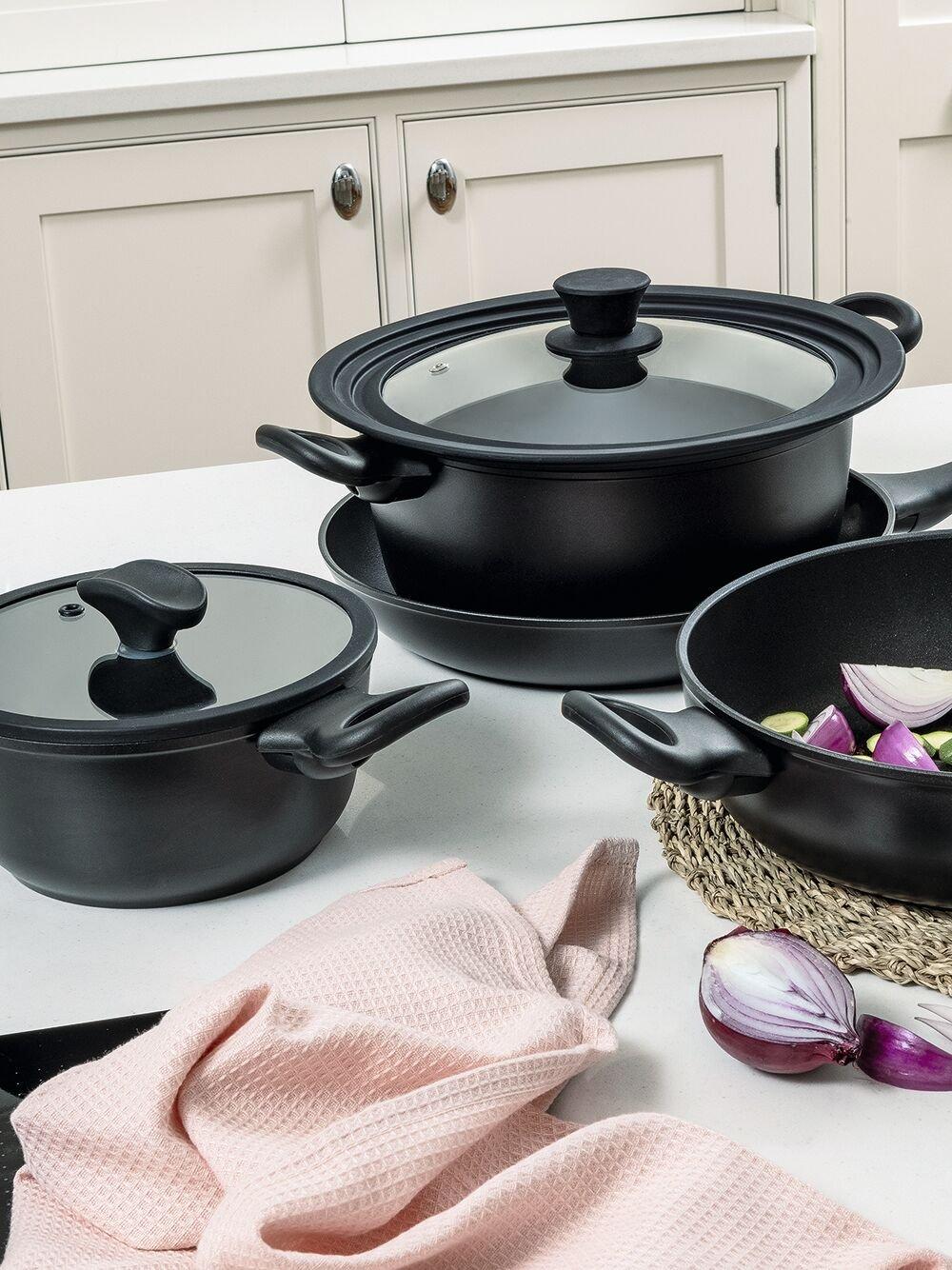 Nadiya Hussain by Prestige Stackable Cookware Set of 4, Stackable Non Stick Pans with Multi Size Lid