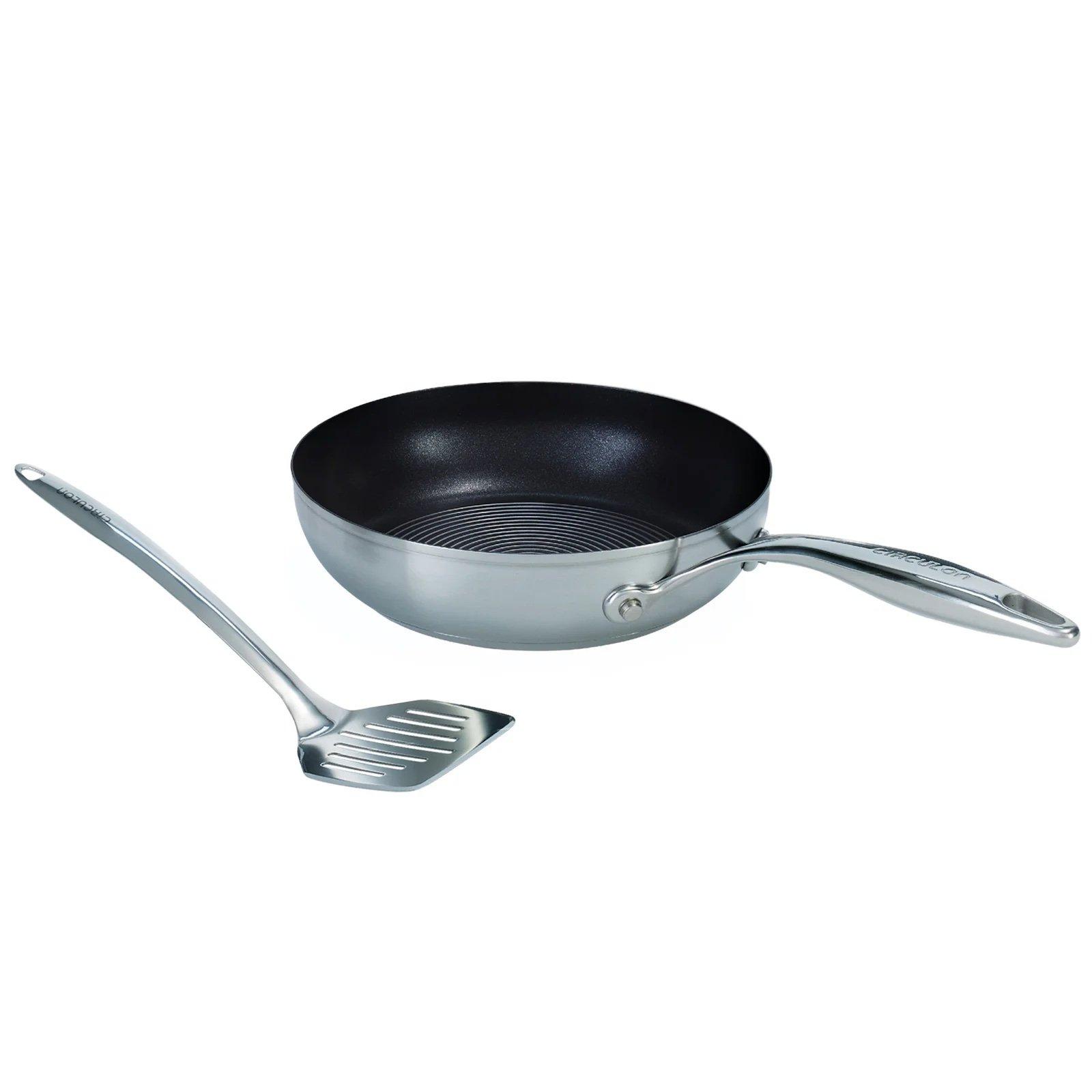 Frying Pan in Stainless Steel with Slotted Turner - Non Stick - 24 cm