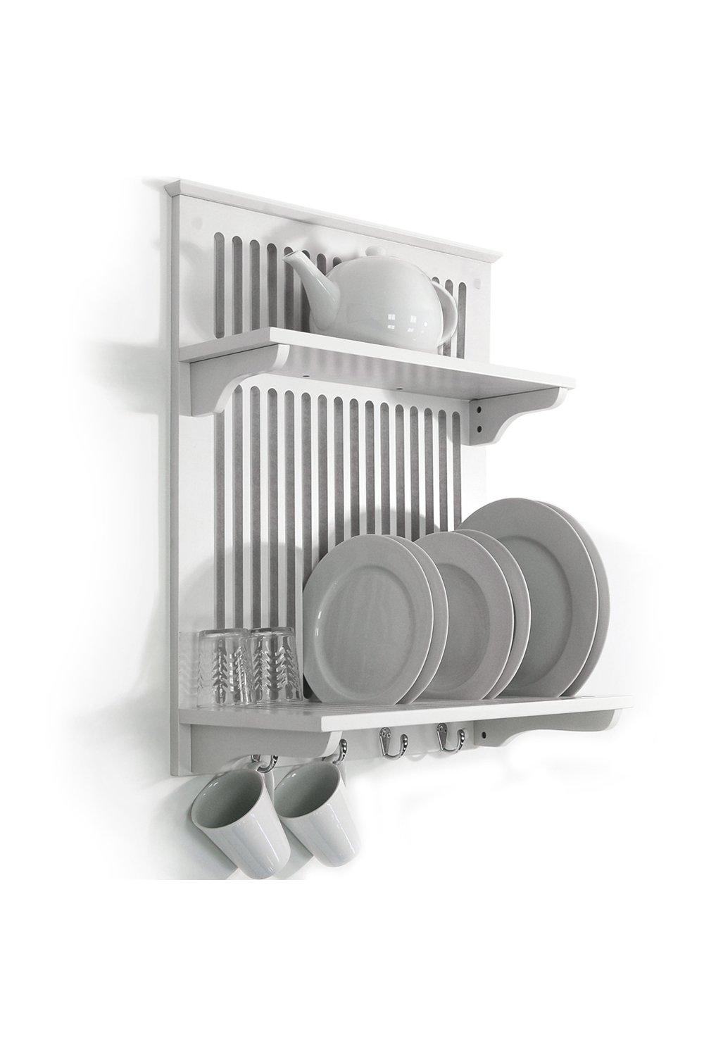 'Novel'  Kitchen Plate Bowl Cup Display  Wall Rack Shelves With Hooks  White