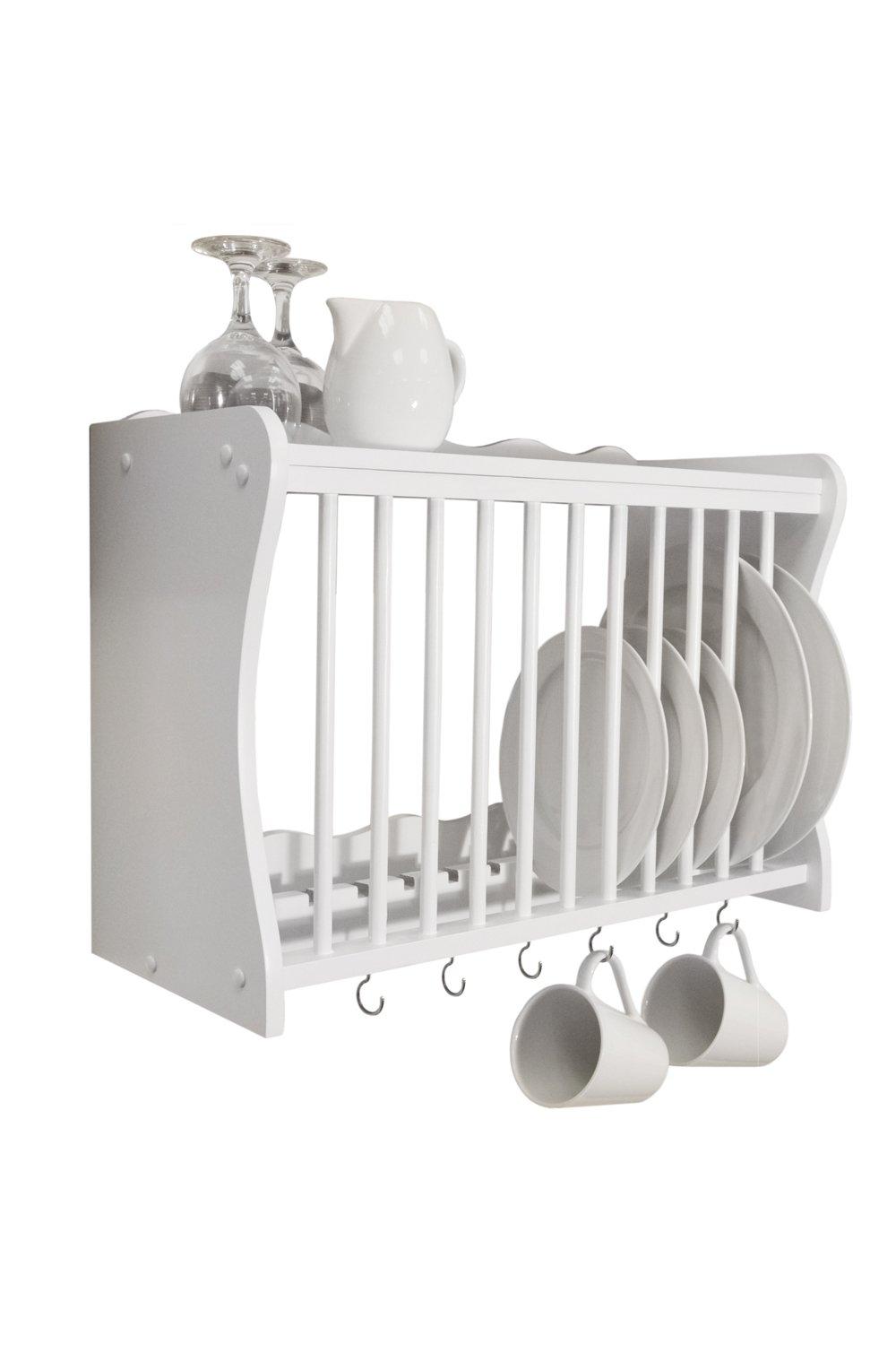 'Cheshunt'  Wall Mounted Kitchen Plate Cup  Storage Rack With Hooks  White