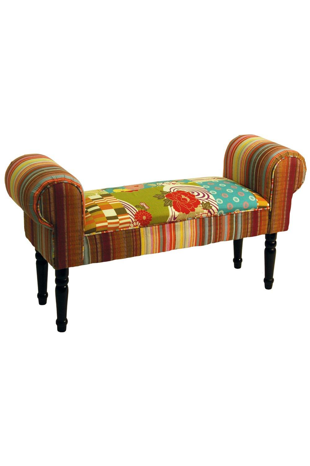 Patchwork - Shabby Chic Chaise Pouffe Padded Stool  Wood Legs - Multi-coloured