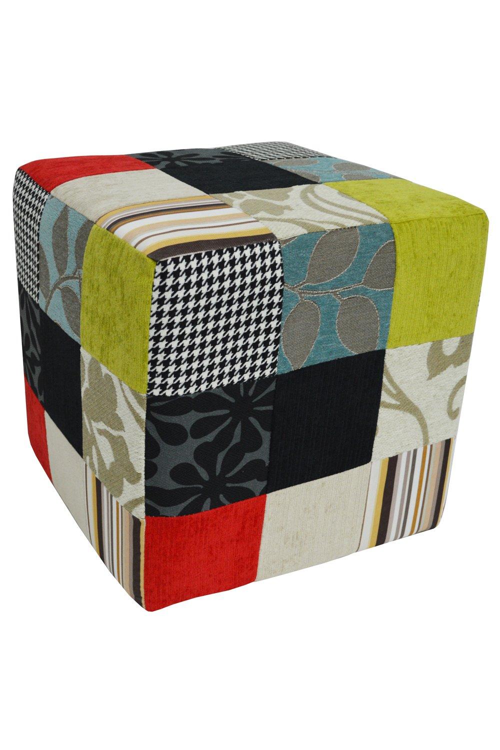 Plush Patchwork - Cube Stool  Pouffe - Blue  Green  Red
