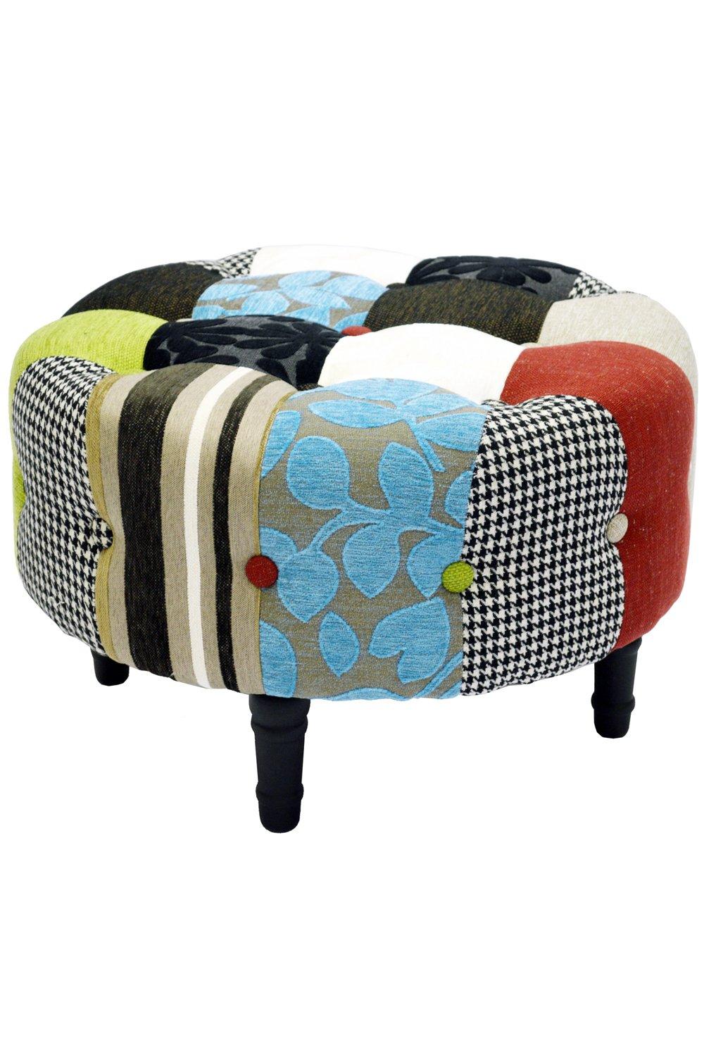 Plush Patchwork - Round Pouffe Padded Footstool With Wood Legs - Blue  Green  Red