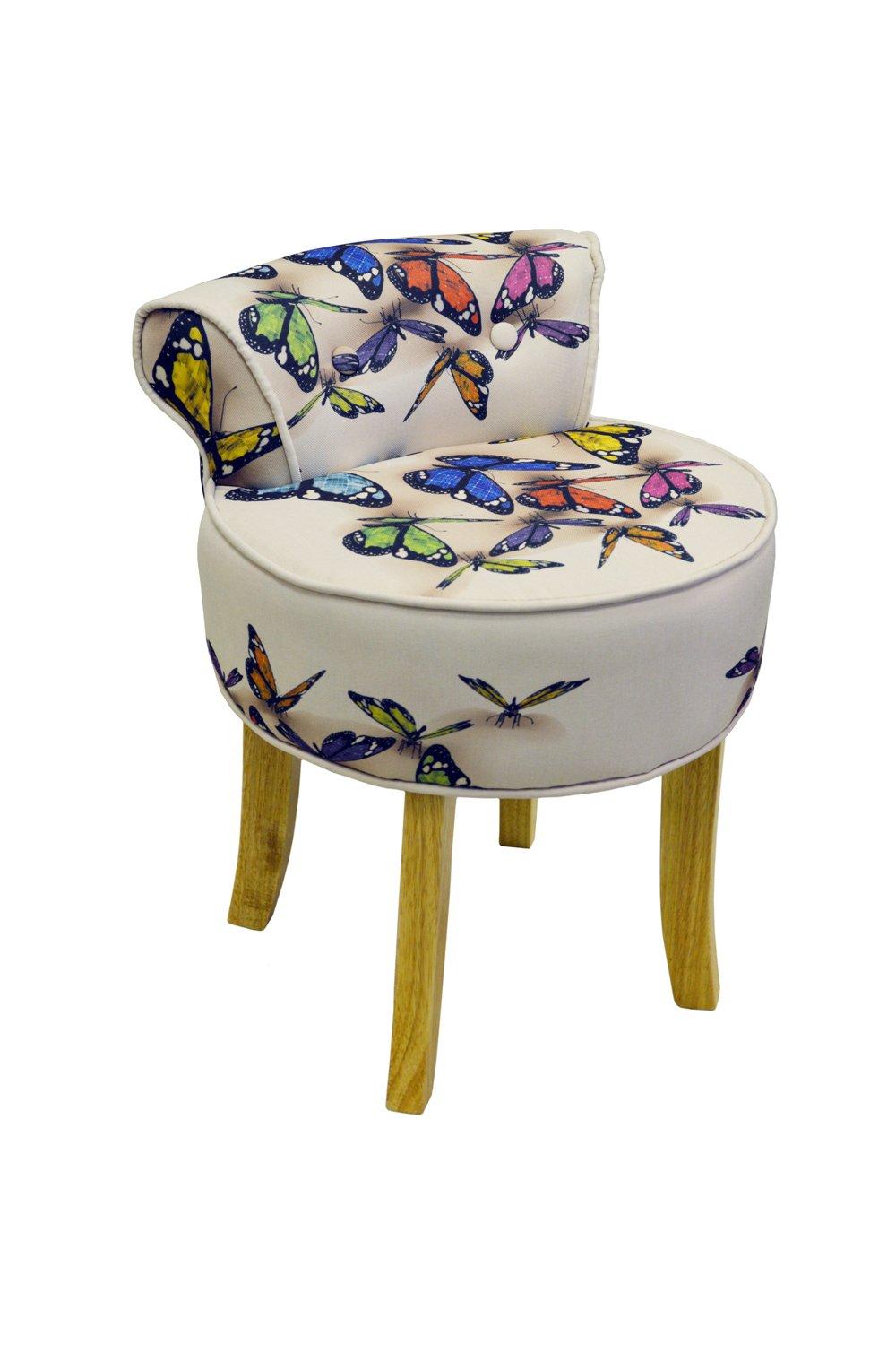 'Butterfly' - Stool  Low Back Padded Chair With Wood Legs - Cream  Multi