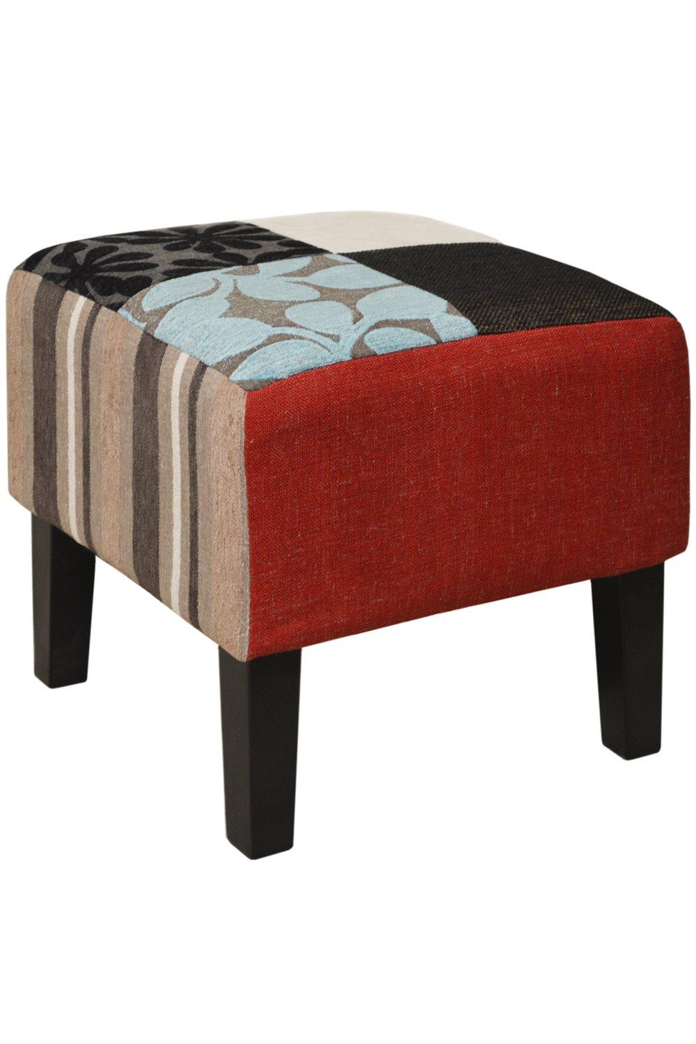 Plush Patchwork - Shabby Chic Square Pouffe Stool  Wood Legs - Blue  Green  Red