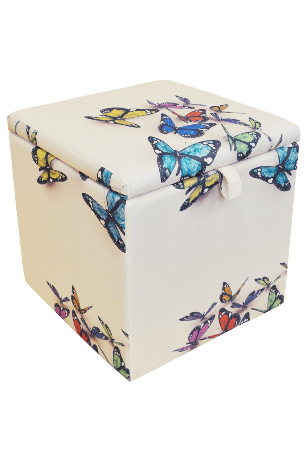 'Butterfly' - Square Storage Ottoman Stool  Blanket Box Cube - Cream  Multi