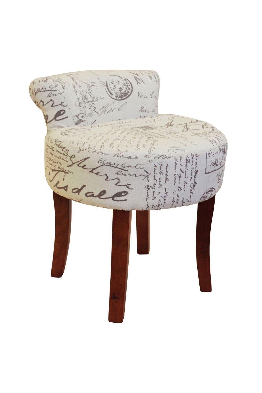 'Lyon' - Low Back Chair  Padded Stool With Retro French Print And Wood Legs - Cream  Brown