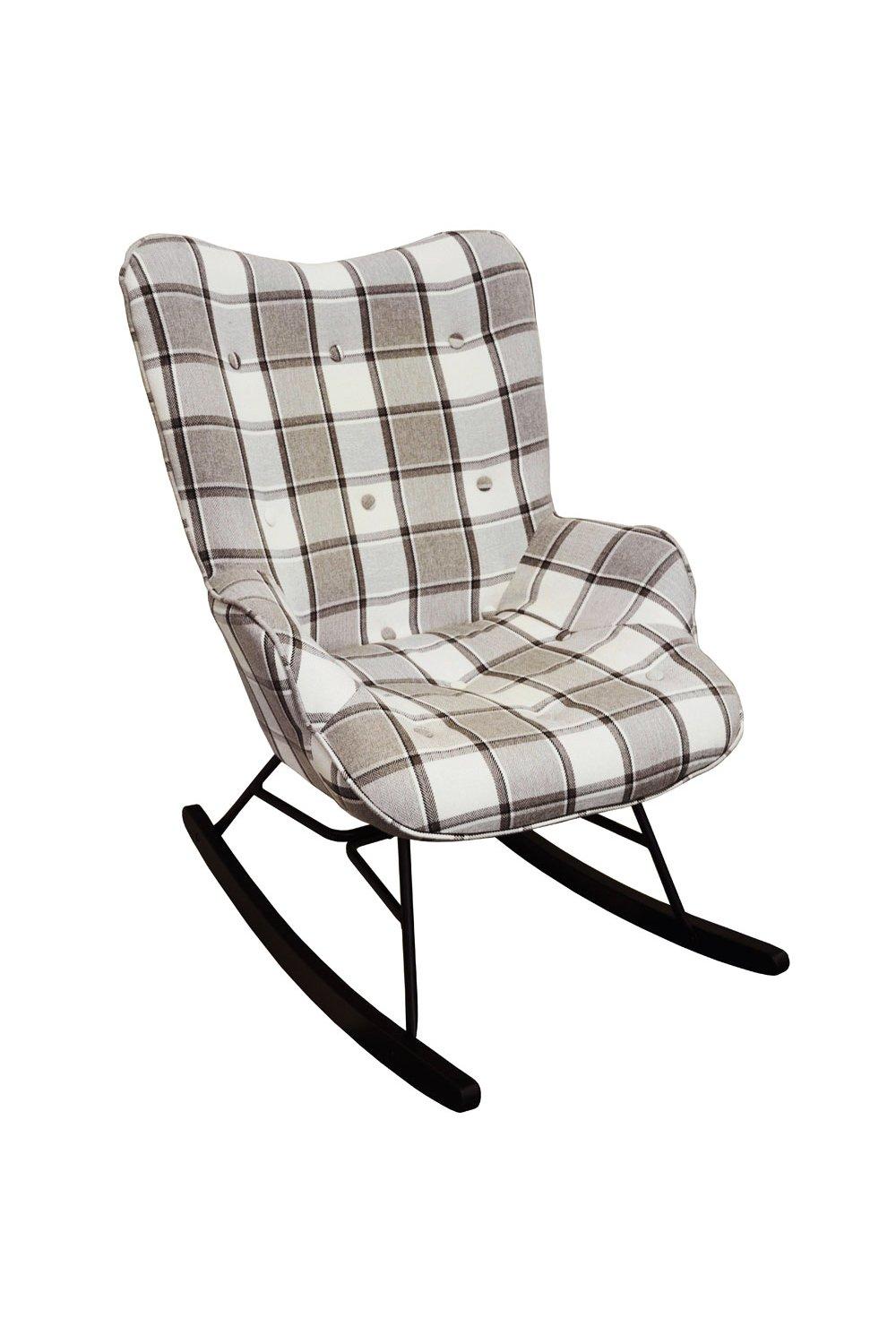 'Check' - Wing Back Rocking  Nursing Chair With Checked Tartan Fabric - Grey  White  Black