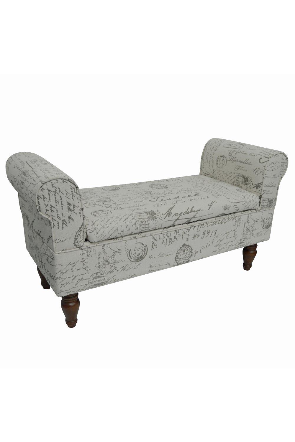 Storage Ottoman Bench  Padded Seat With Retro French Print And Wood Legs - Cream  Brown