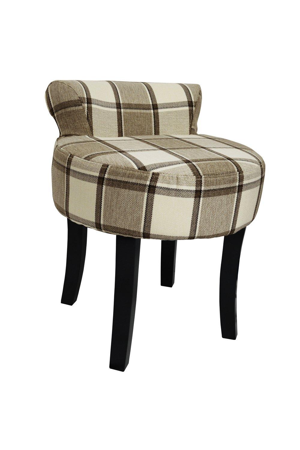Low Back Chair  Padded Stool With Wood Legs - Mink Check