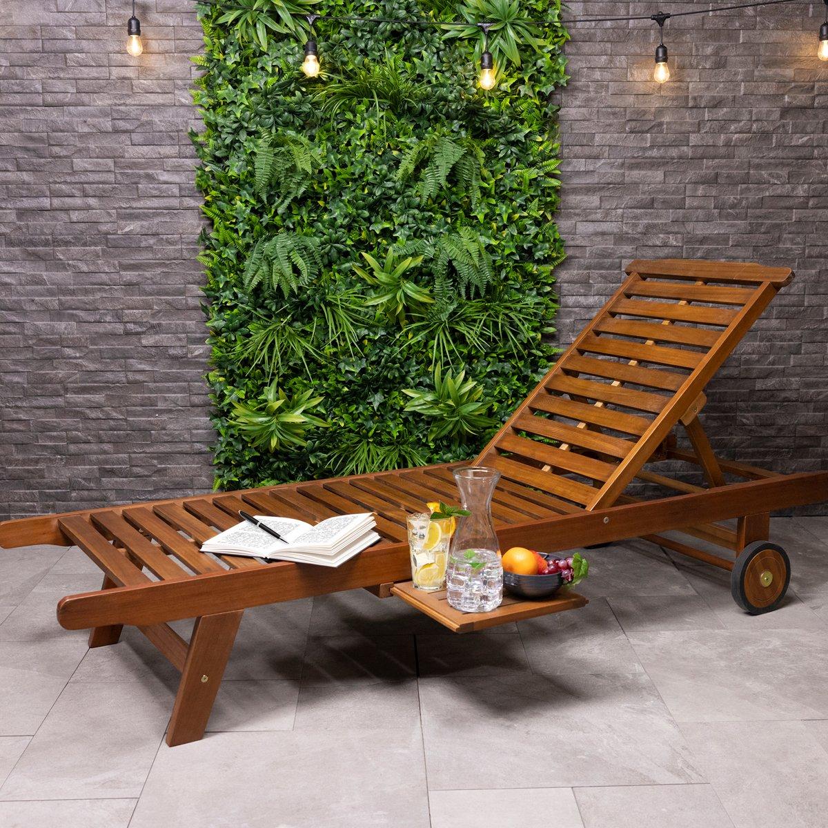 Acacia Wooden Reclining Sun Lounger With Pull Out Tray