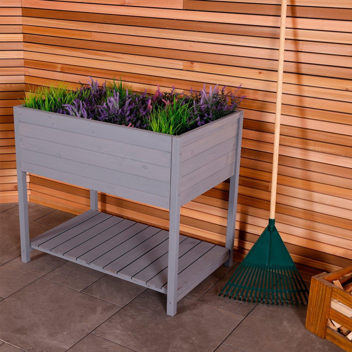 Wooden Planter - Grey - Raised Box with Shelf Herb Plant Box