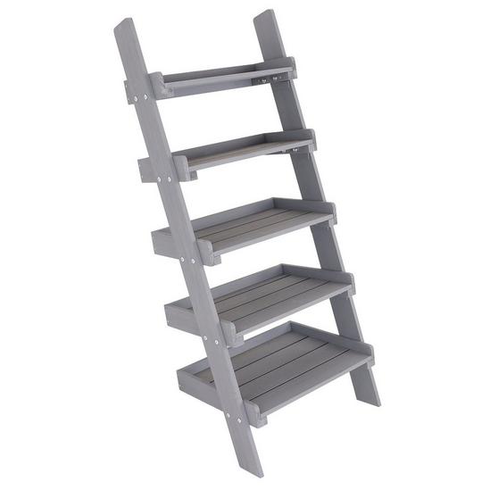 Charles Bentley Slim Wooden Ladder Planter - Grey Tall 5 Shelves 1