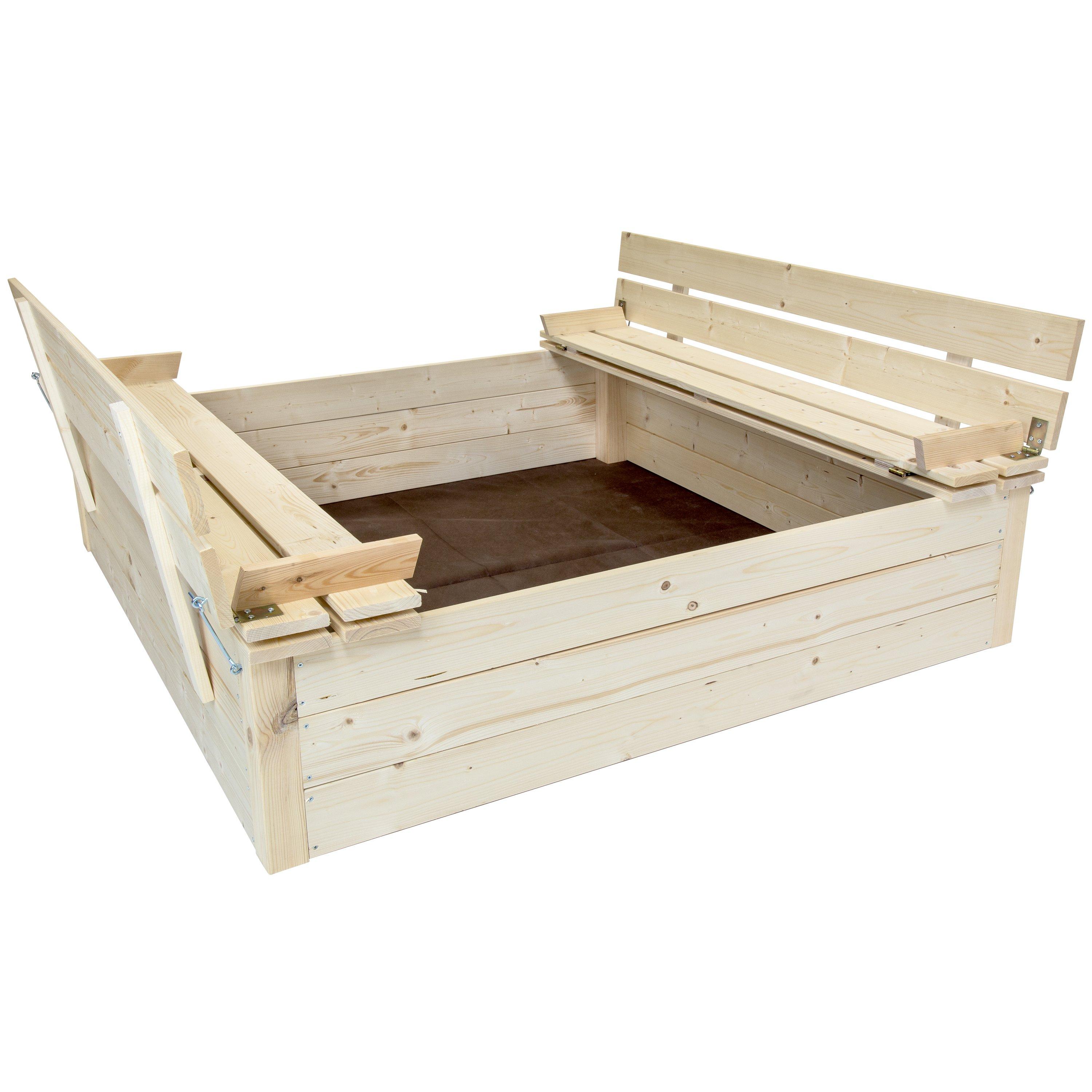 Kids Children's Square Wood Sand Pit With Seat Benches
