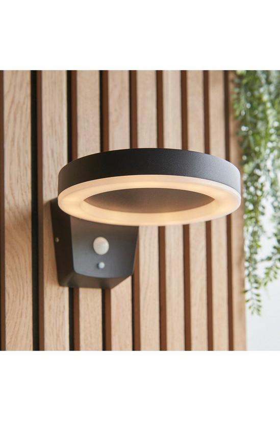 Netlighting Ebro Modern Solar Powered Round Ring LED Wall Lamp Textured Black PIR Motion & Day Night Sensors Warm White IP44 2
