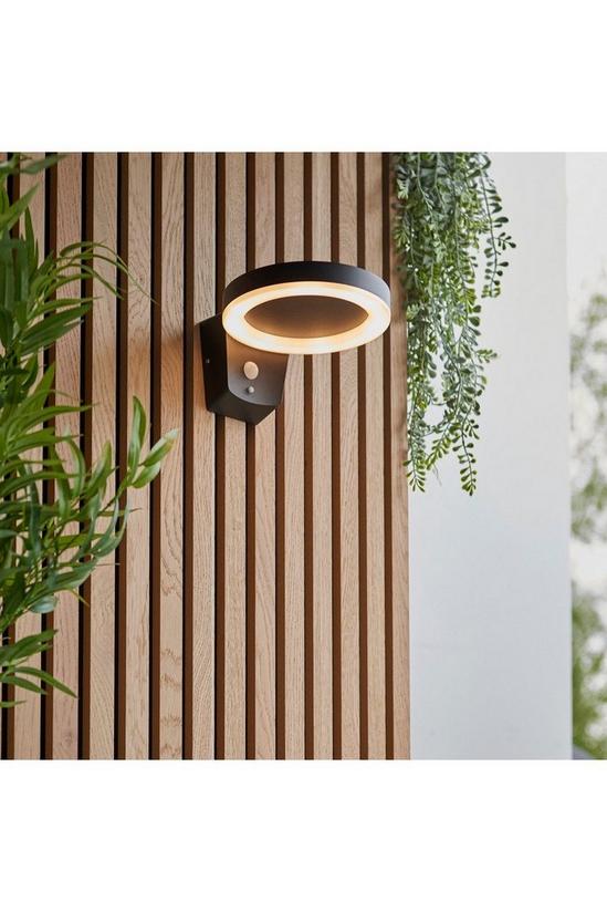 Netlighting Ebro Modern Solar Powered Round Ring LED Wall Lamp Textured Black PIR Motion & Day Night Sensors Warm White IP44 3