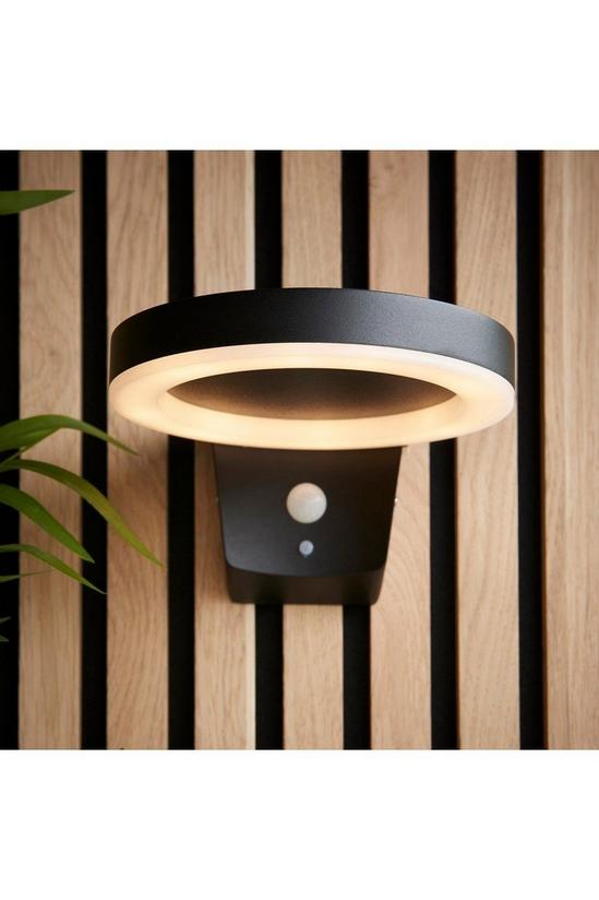 Netlighting Ebro Modern Solar Powered Round Ring LED Wall Lamp Textured Black PIR Motion & Day Night Sensors Warm White IP44 6