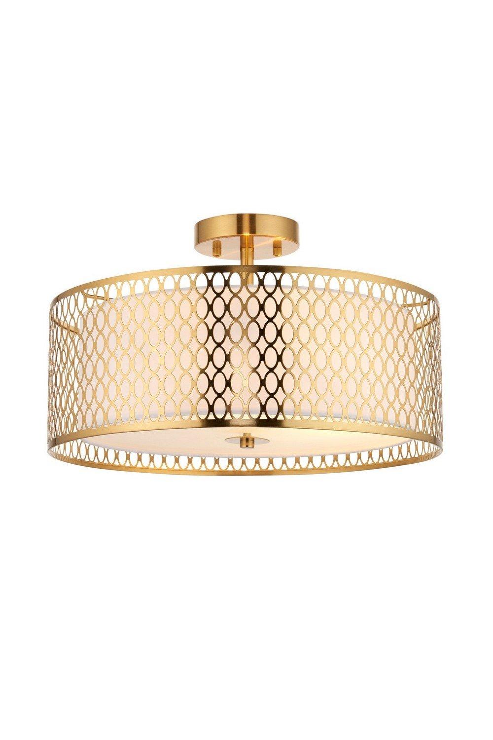 Cordero Decorative Flush Ceiling Lamp Gold Effect Plate White Fabric Frosted Glass