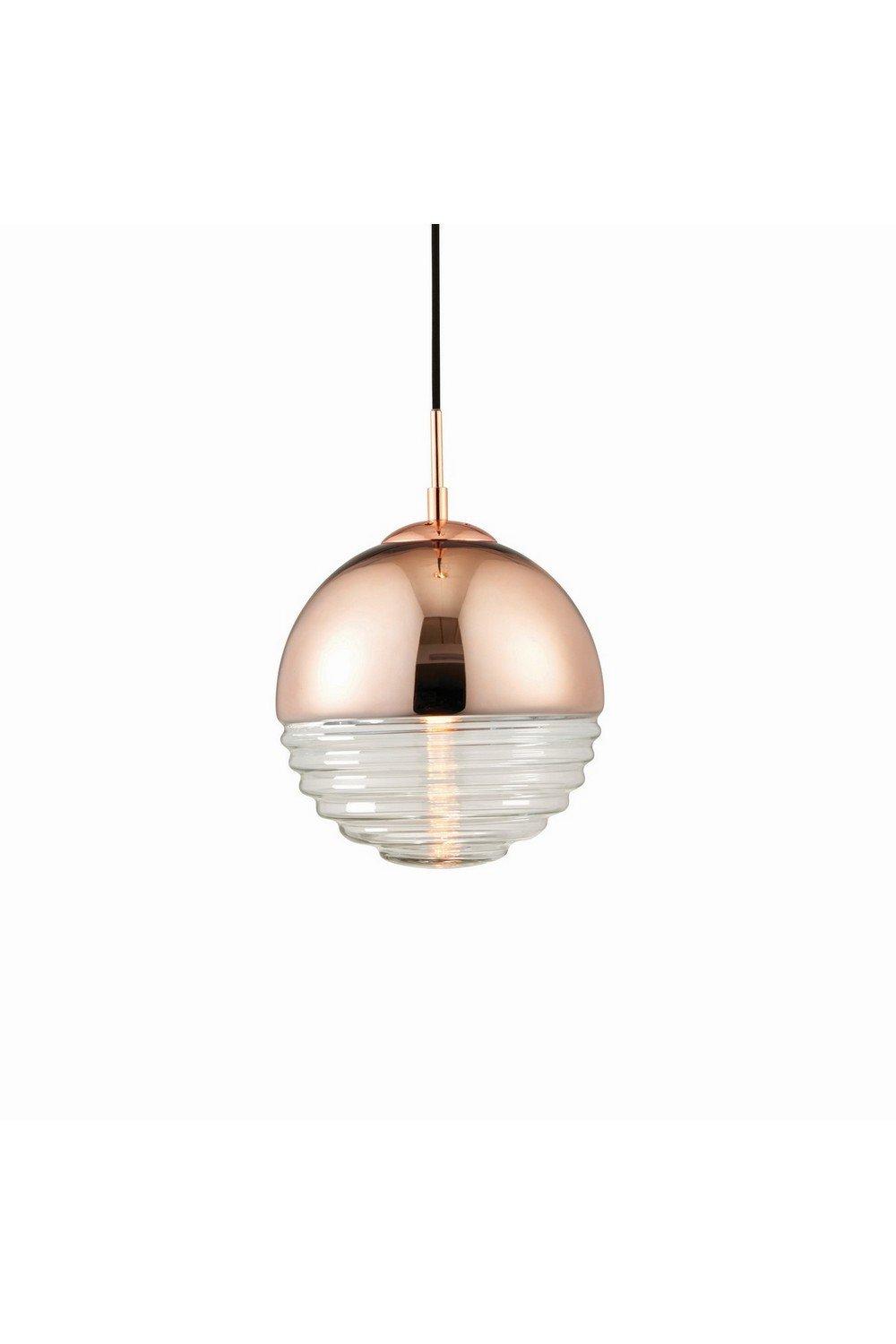 Paloma 1 Light Globe Ceiling Pendant Copper Plated Clear Ribbed Glass E14