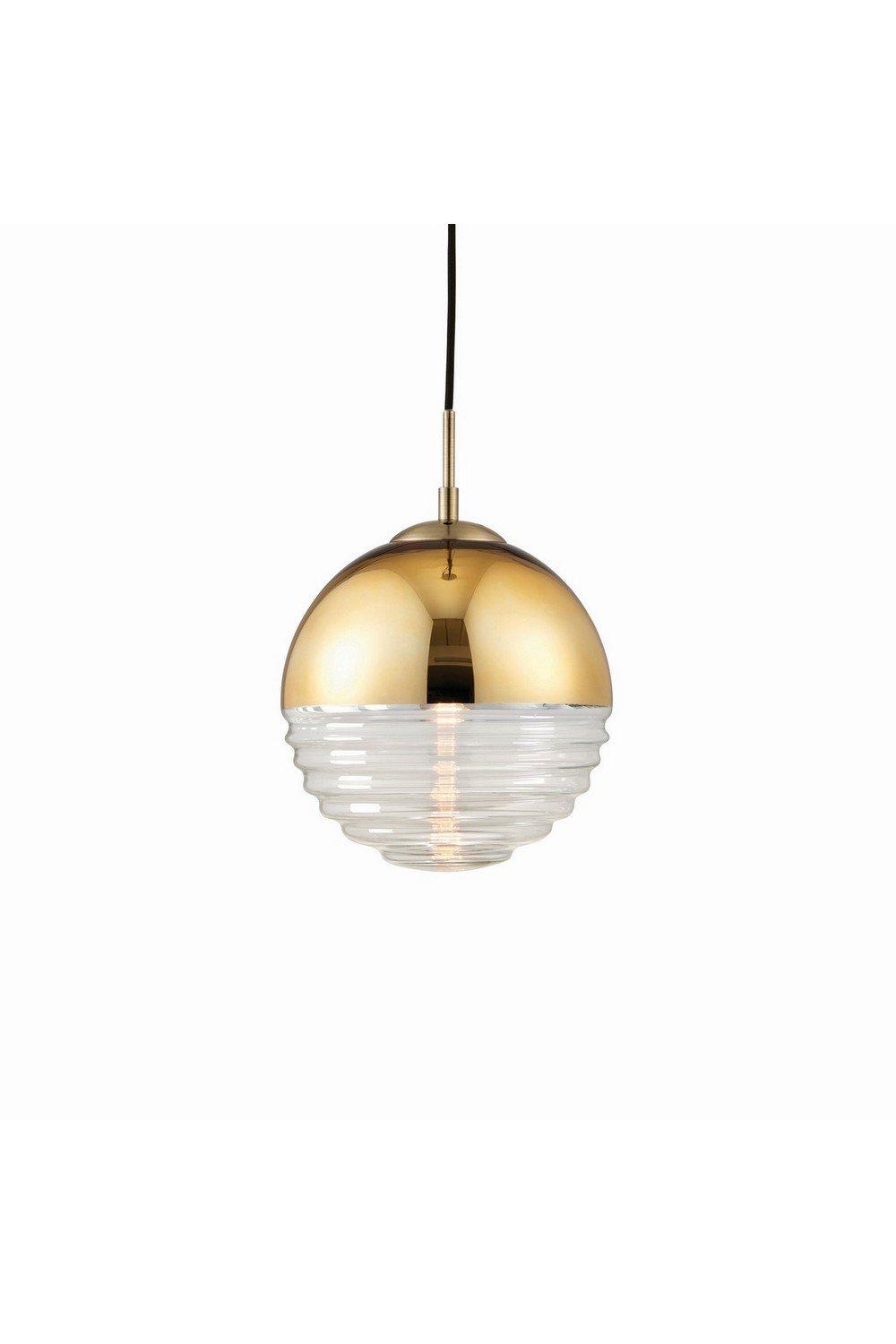 Paloma 1 Light Globe Ceiling Pendant Clear Ribbed Glass Gold Effect E14