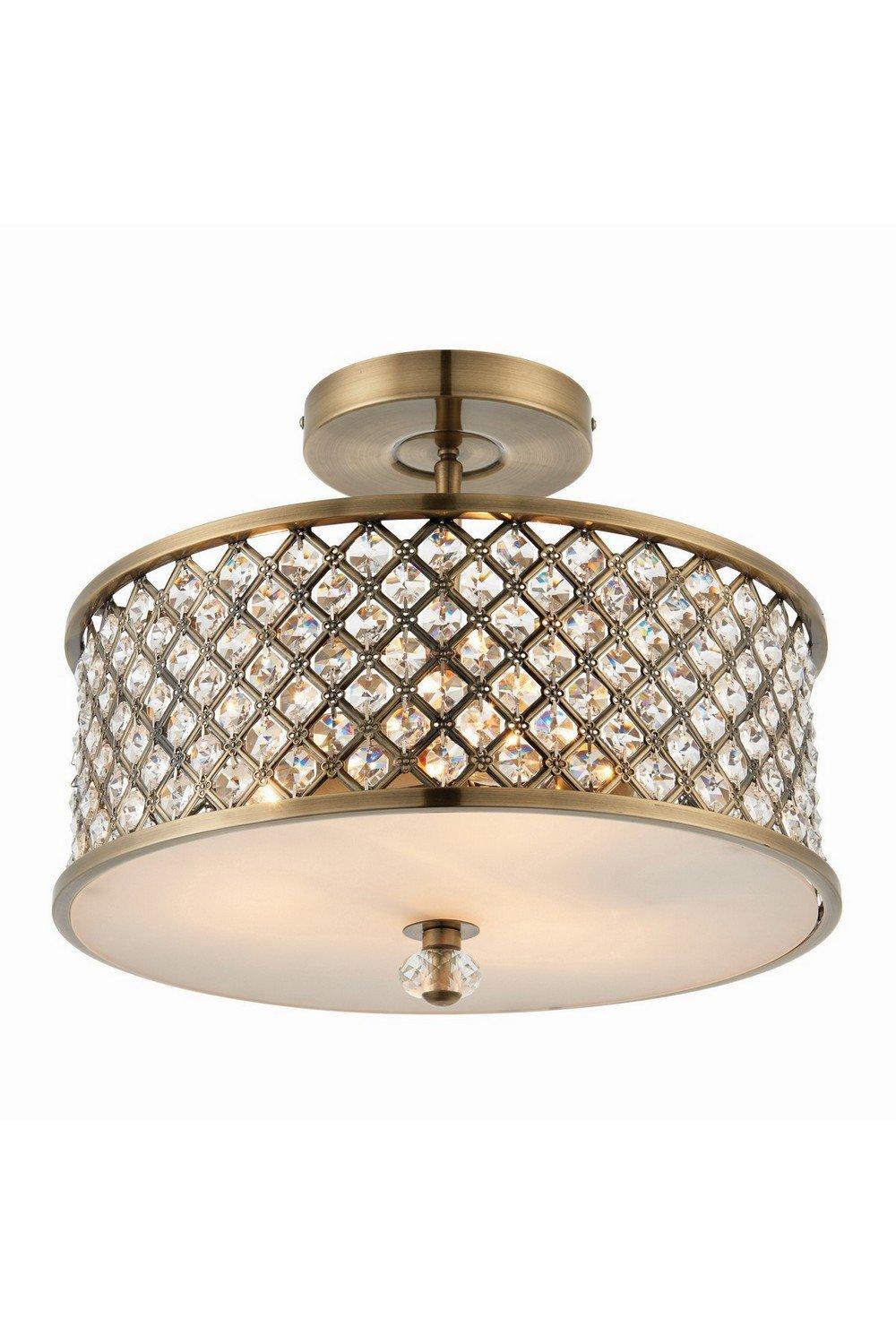 Hudson 3 Light Flush Ceiling Light Antique Brass Crystal E27