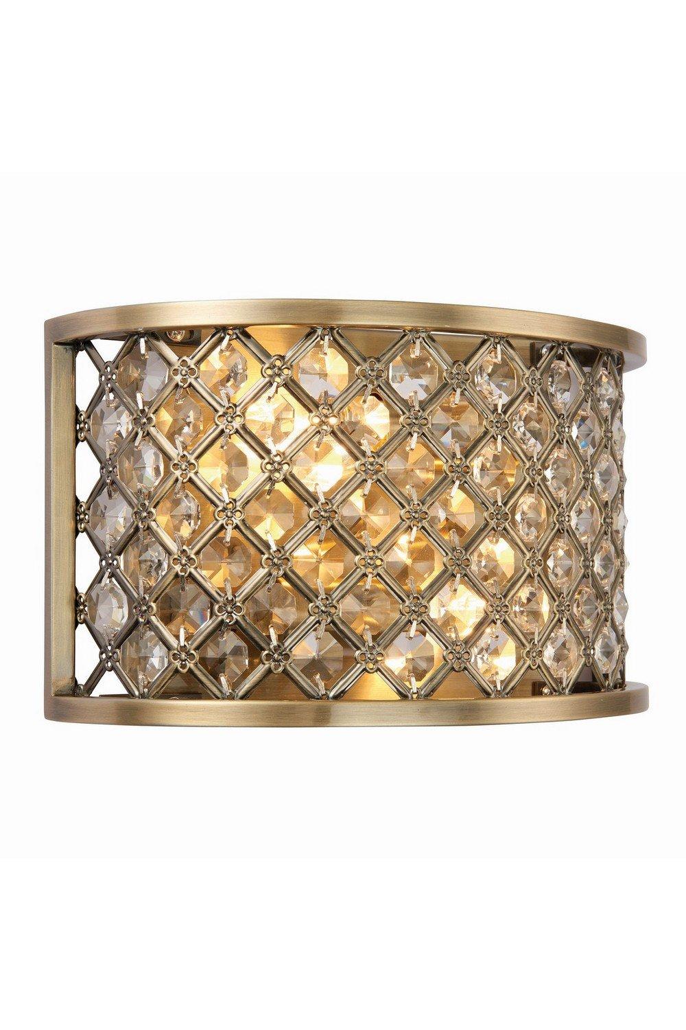 Hudson 2 Light Indoor Wall Light Antique Brass with Crystal E14