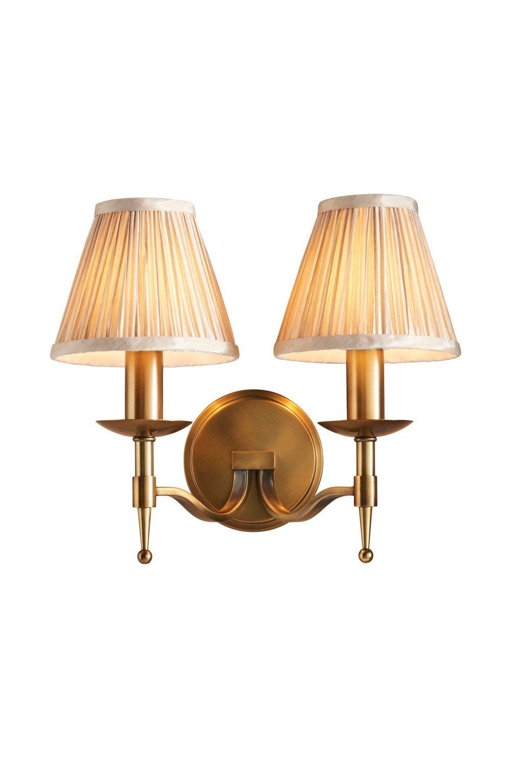 Stanford 2 Light Indoor Twin Candle Wall Light Antique Brass with Beige Shades E14