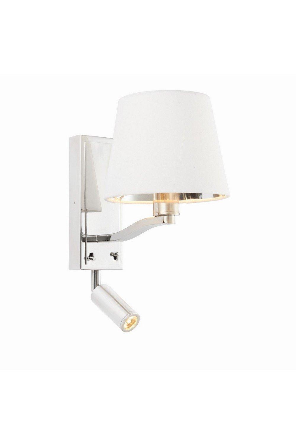Harvey Flexi Wall Lamp With Led Reading Light Bright Nickel Plate Vintage White Fabric