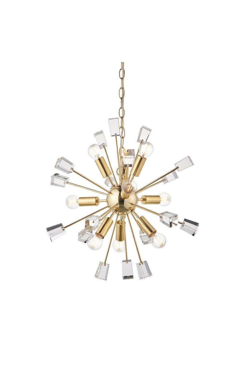 Miro 9 Light Ceiling Pendant Satin Brass & Clear Crystal Glass E14