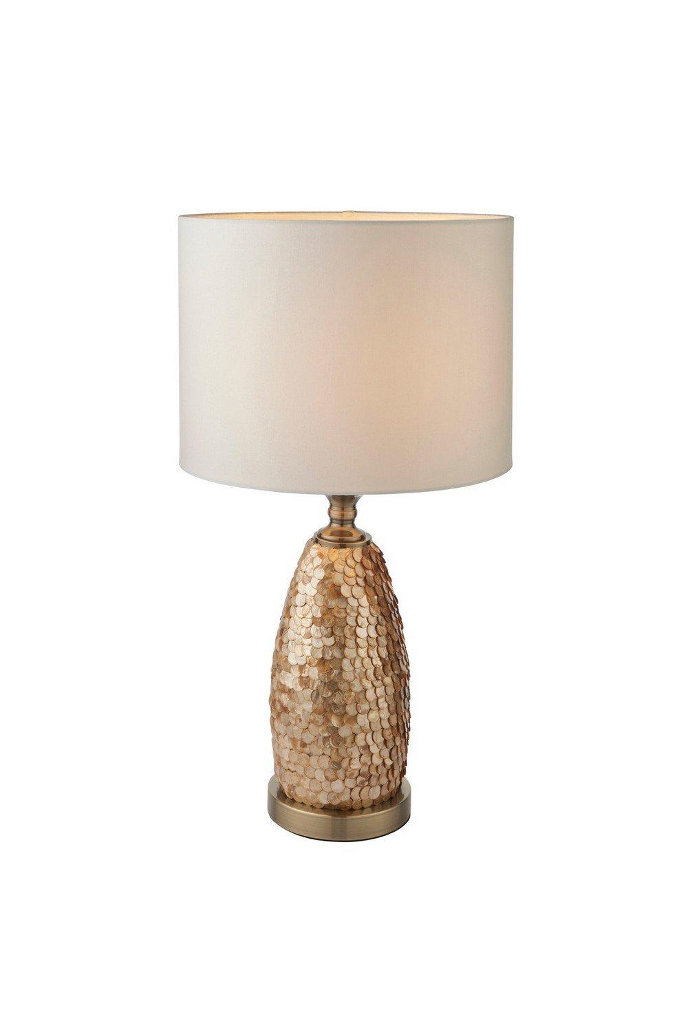 Dahlia Table Lamp Capiz Detail Antique Brass Plate Ivory Fabric Shade