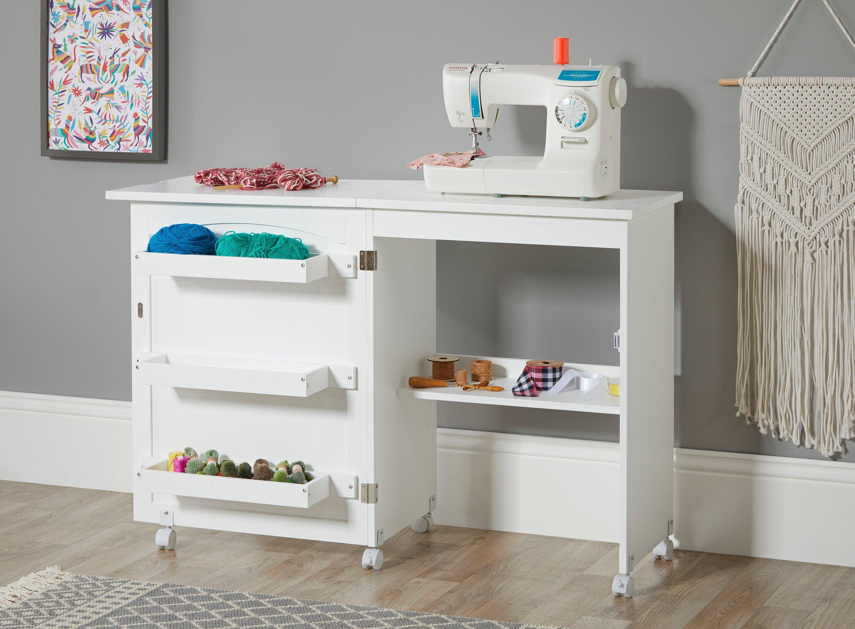 Large Foldaway Mobile Craft Sewing Table Cabinet in White Storage Craft Hobby Desk