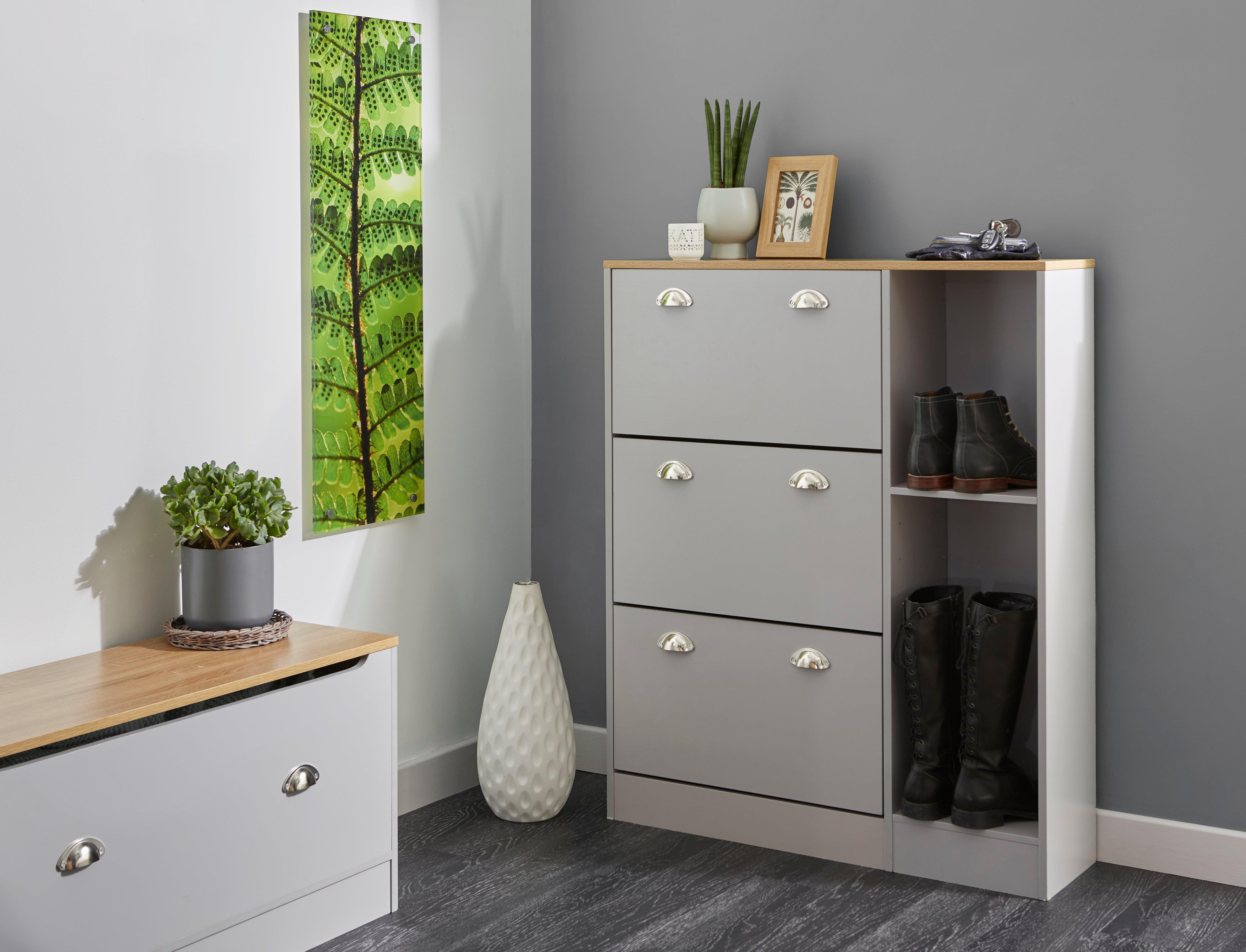 Shoe Storage Cabinet with Dropdown Drawers and Open Shelves